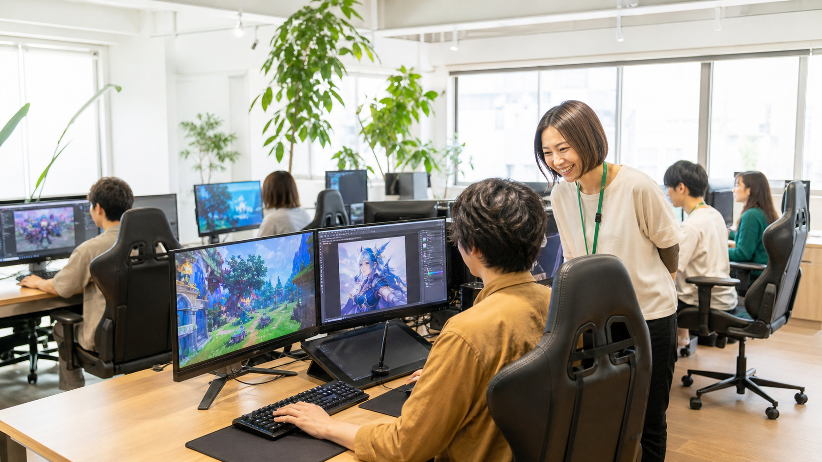 作業を見守るスタッフと利用者